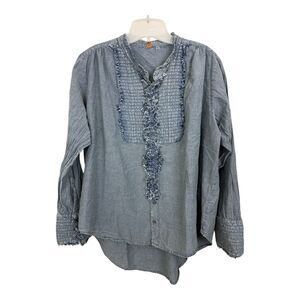 Free One Button Shirt Sz Extra Small Blue Chambray Long Sleeve Frayed Ruffles